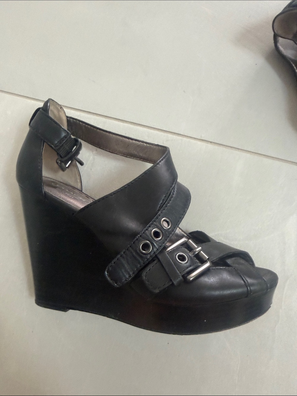 Coach Black Leather Crisscross Peep-Toe Heels